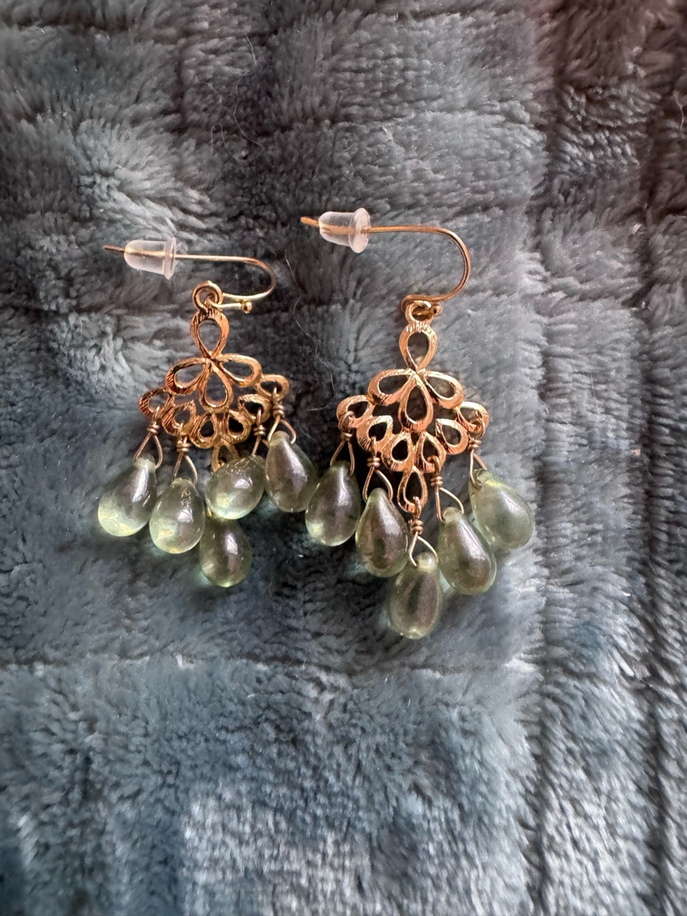Handmade Gold-Tone Filigree Chandelier Earrings with Green Teardrop Beads
